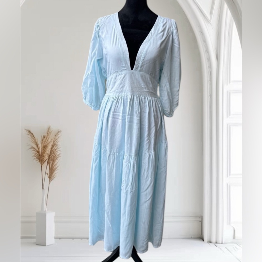 Pampelone Deep V-neck Midi Dress Sz M Rayon Light Blue 3/4 Sleeve